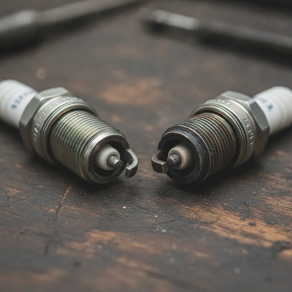 a worn spark plug with an eroded electrode and carbon deposits next to a clean new plug
