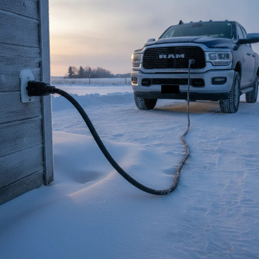 block heater cord running from a house outlet on a snowy Manitoba driveway at dawn
