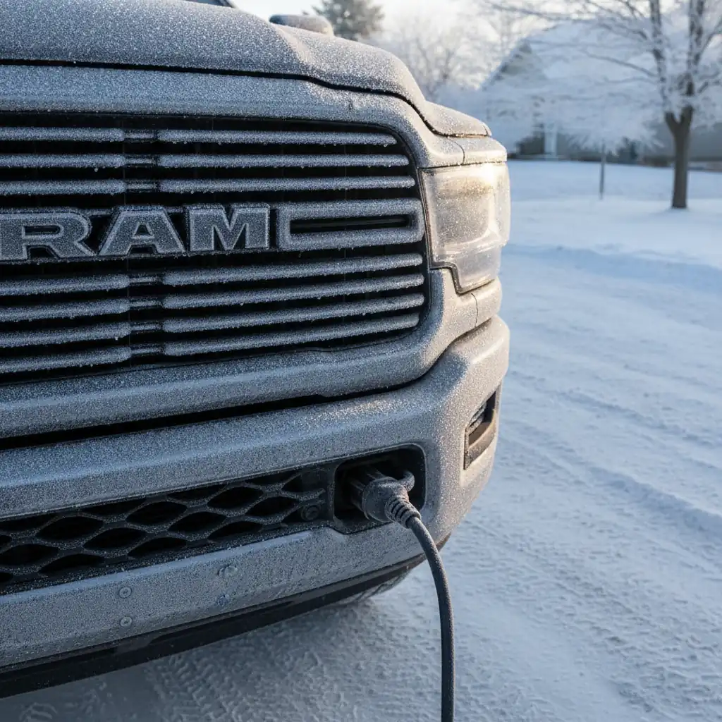 a block heater cord plugged in at the grille of a truck on a frosty winter morning