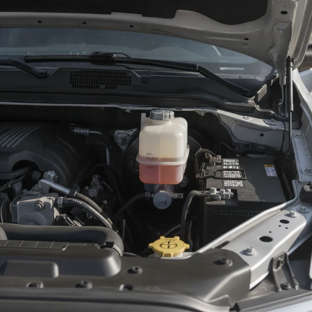 a brake fluid reservoir under the hood showing the fluid level against the level marks