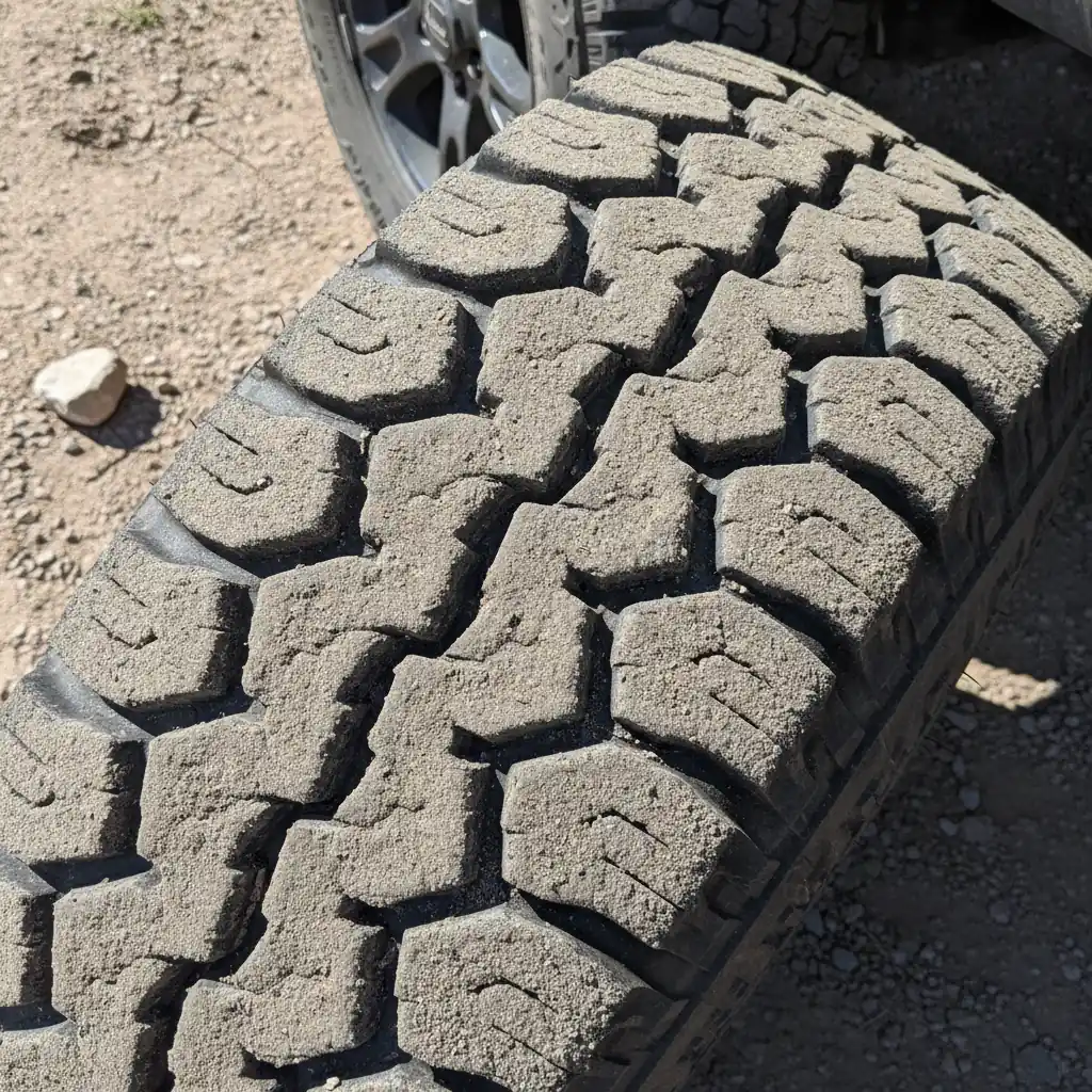 close up of truck tire tread showing uneven scalloped cupping wear across the blocks