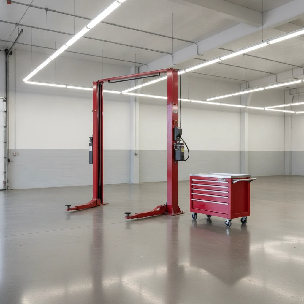 clean empty dealership service bay with a two post hoist and a rolling tool cabinet