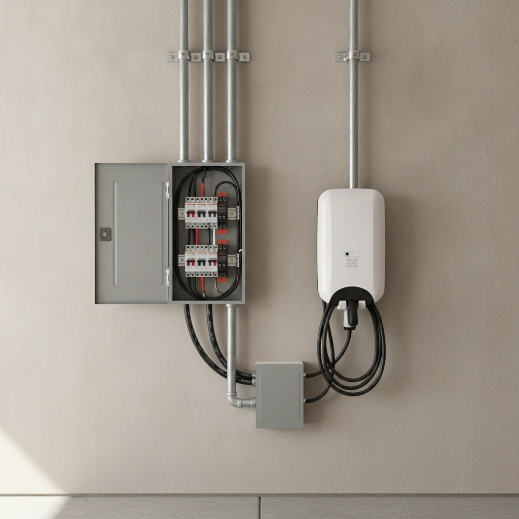 new electrical conduit and panel work beside a wall mounted EV charger in a garage