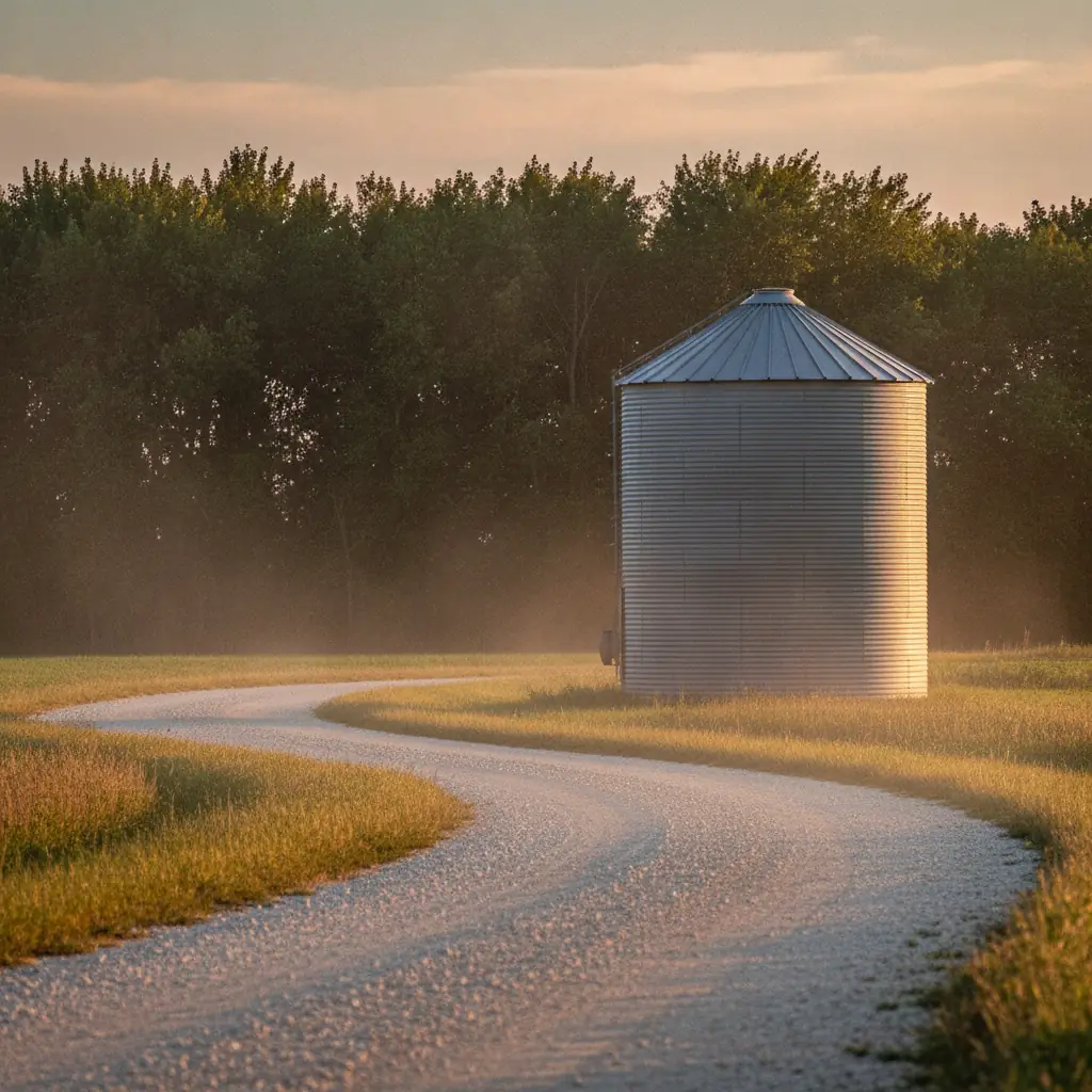 gravel farm lane running past a metal grain bin toward a shelter belt at dusk