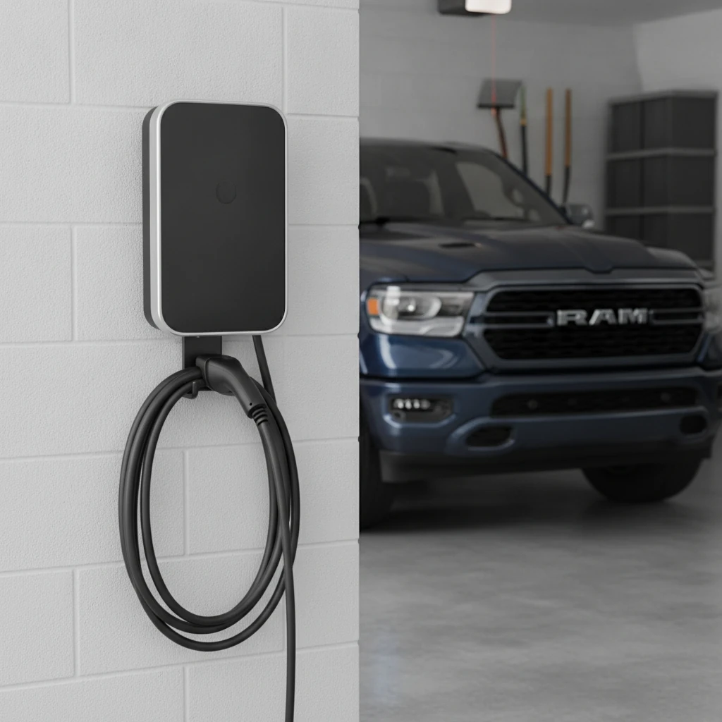 wall mounted home EV charging station with a coiled cable in a residential garage