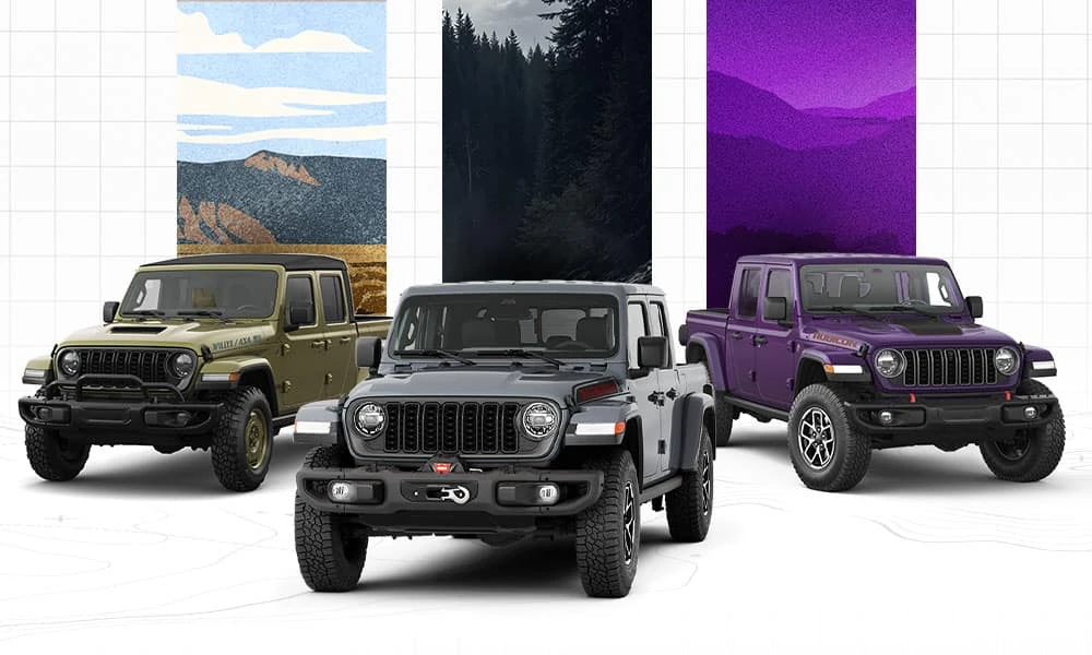 three 2026 Jeep Gladiator trucks including a Rubicon lined up in a studio