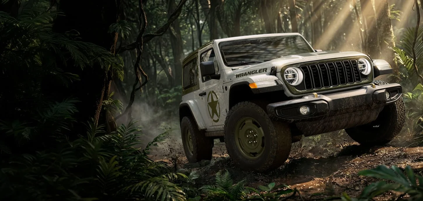 Two door Jeep Wrangler Willys with black hardtop climbing a forest trail