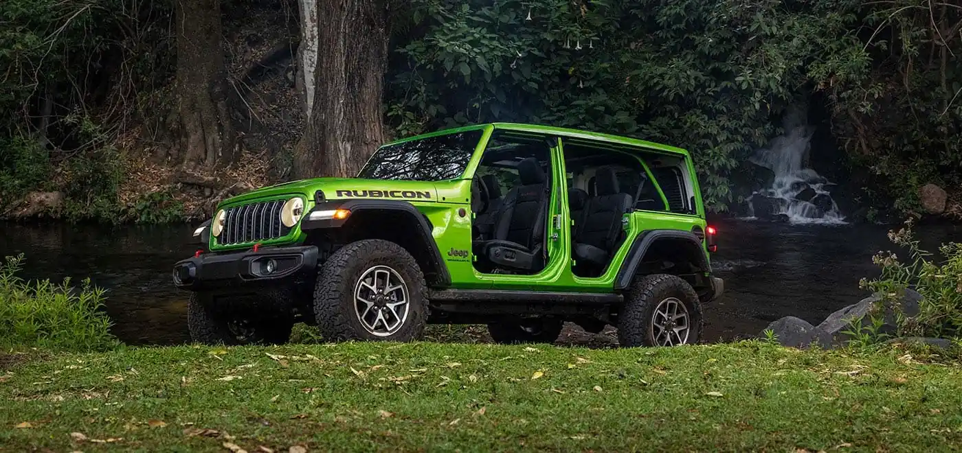 Jeep Wrangler with the front doors removed for open air driving