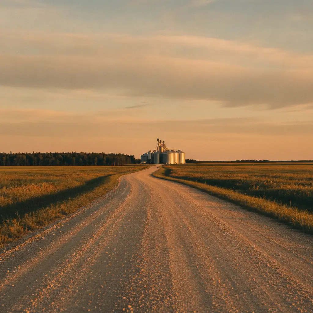 flat Manitoba farm approach road at golden hour with grain bins on the horizon