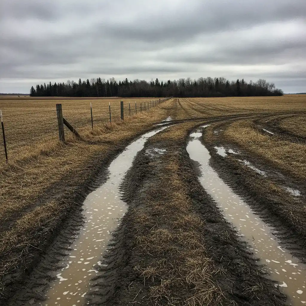 rutted muddy Manitoba field approach in spring with water filled tire ruts and a distant tree line
