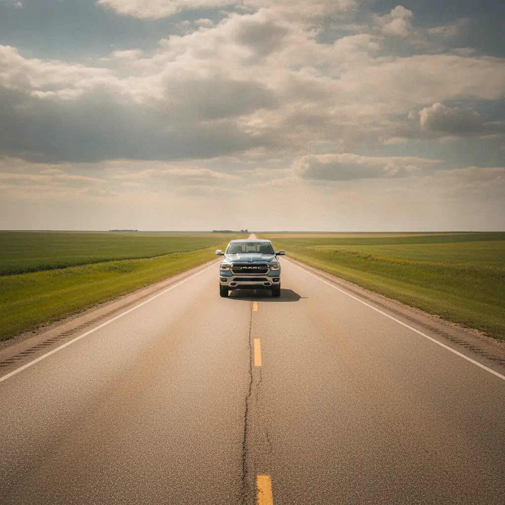 full size Ram 1500 pickup on a straight prairie highway in hot summer haze