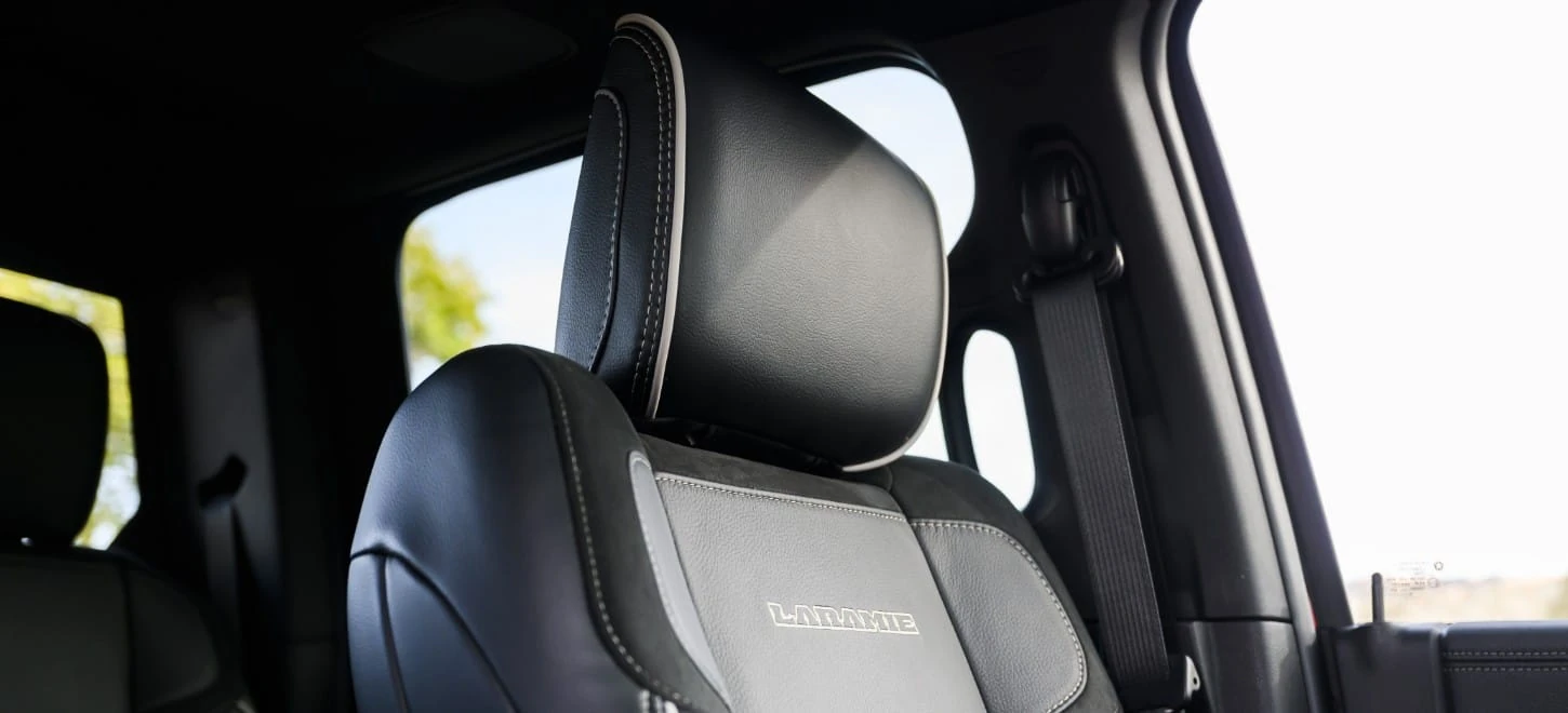 Ram 2500 Laramie leather seat back with the Laramie badge