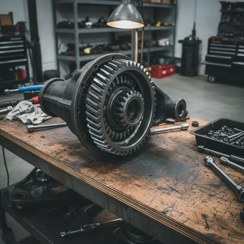 truck rear differential housing and ring gear on a workbench during service
