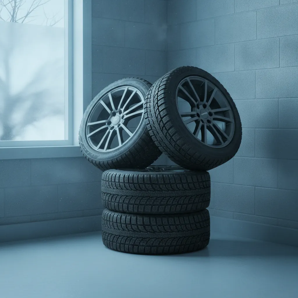 a set of four tires on wheels stacked in a garage ready for a seasonal swap