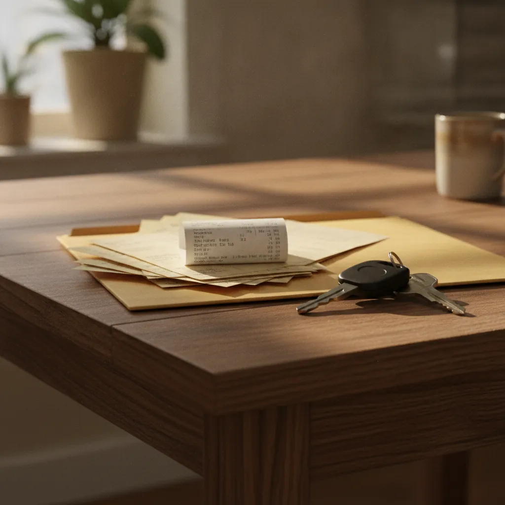 a stack of service receipts and a folder on a kitchen table beside truck keys