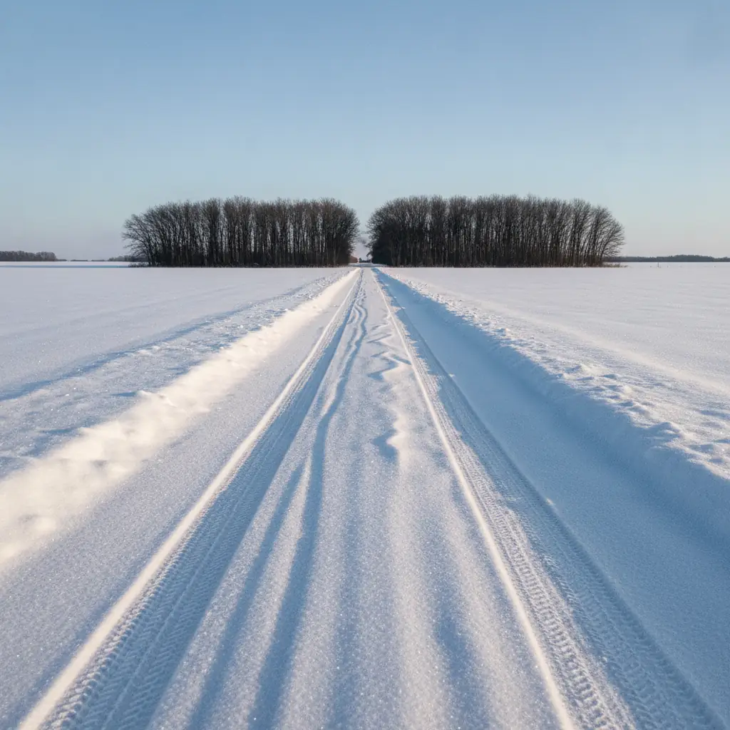 snow drifted rural driveway with deep ruts leading toward a treeline on a cold prairie morning