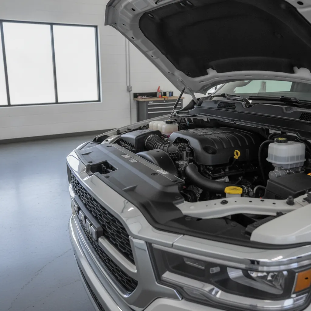 open engine bay of a full size pickup truck in a clean service bay