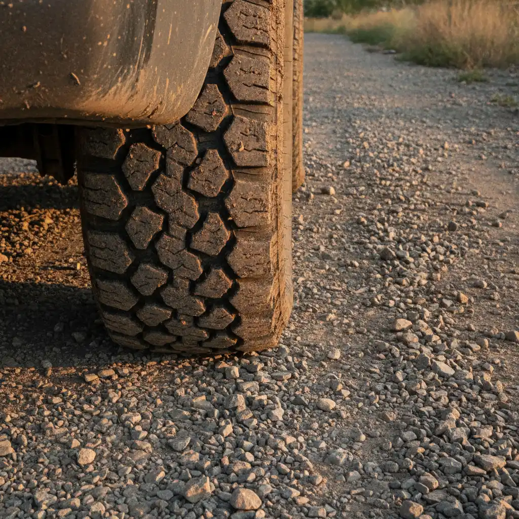aggressive all terrain truck tire tread packed with wet clay on a gravel road