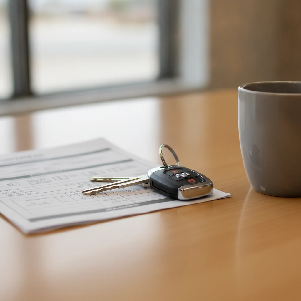 vehicle keys and a folded paper worksheet on a wooden dealership desk in soft window light