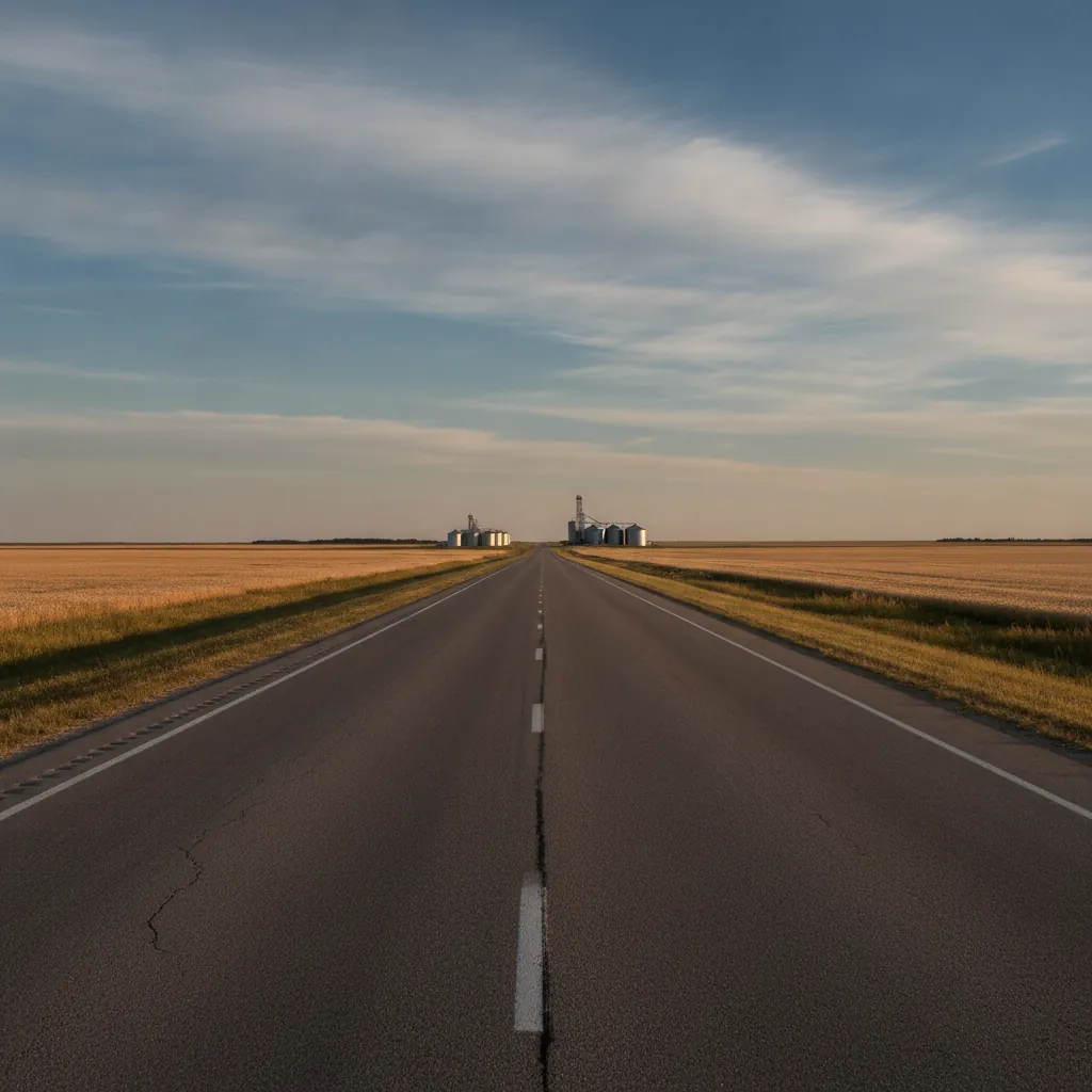 wide flat Manitoba prairie highway in late summer heading toward grain bins on the horizon