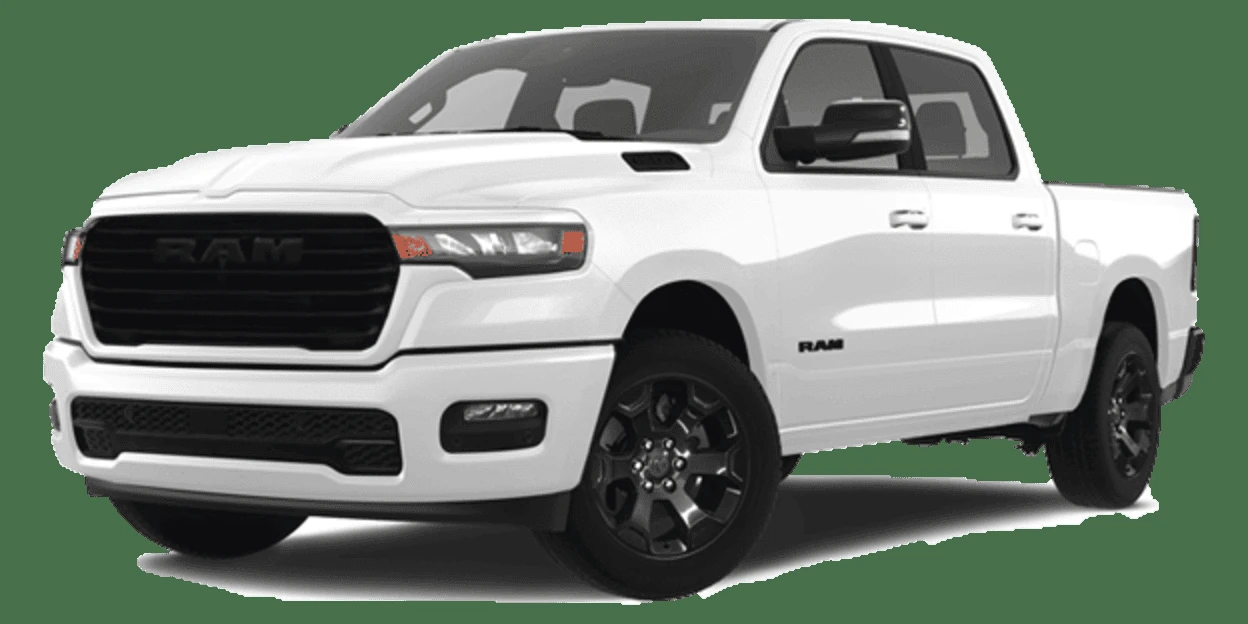 white 2026 Ram 1500 Sport crew cab front three quarter studio view on a plain background