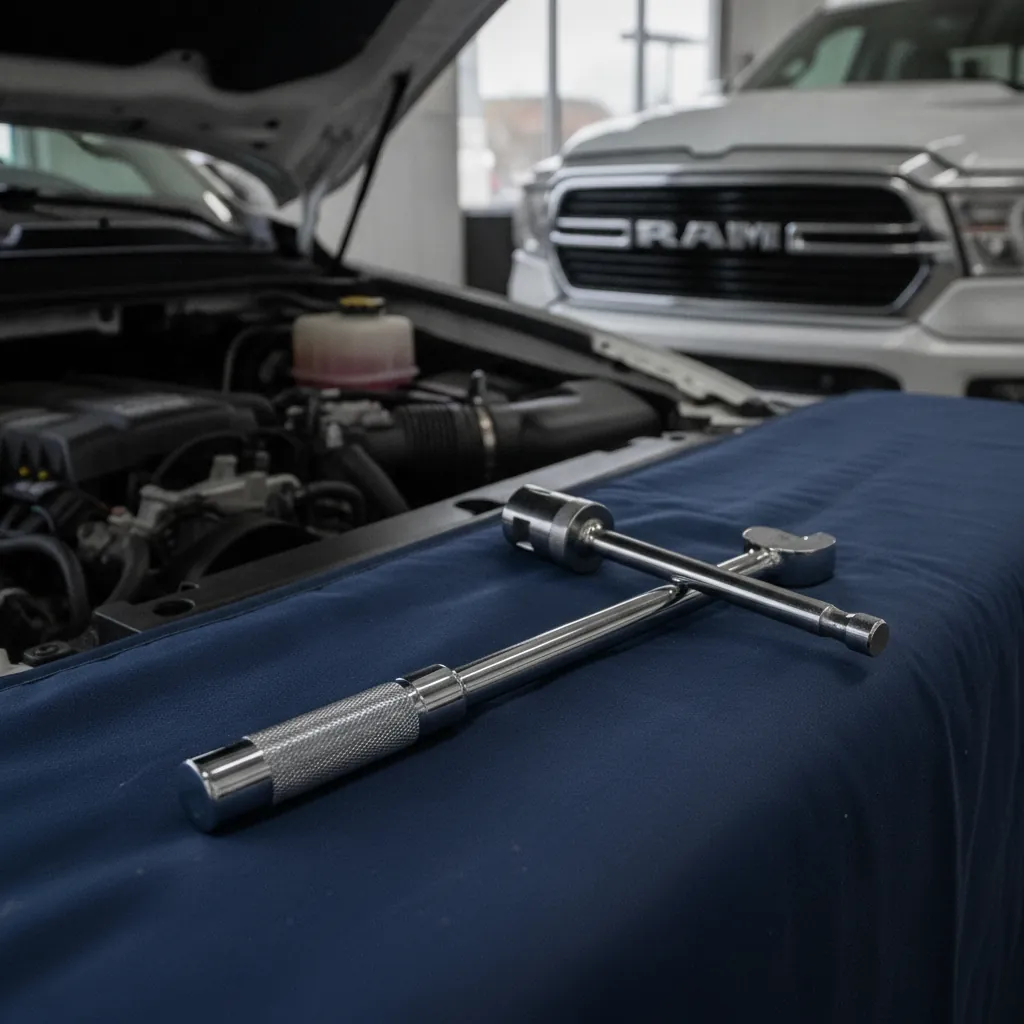 torque wrench and spark plug socket with an extension resting on a fender cover in a service bay