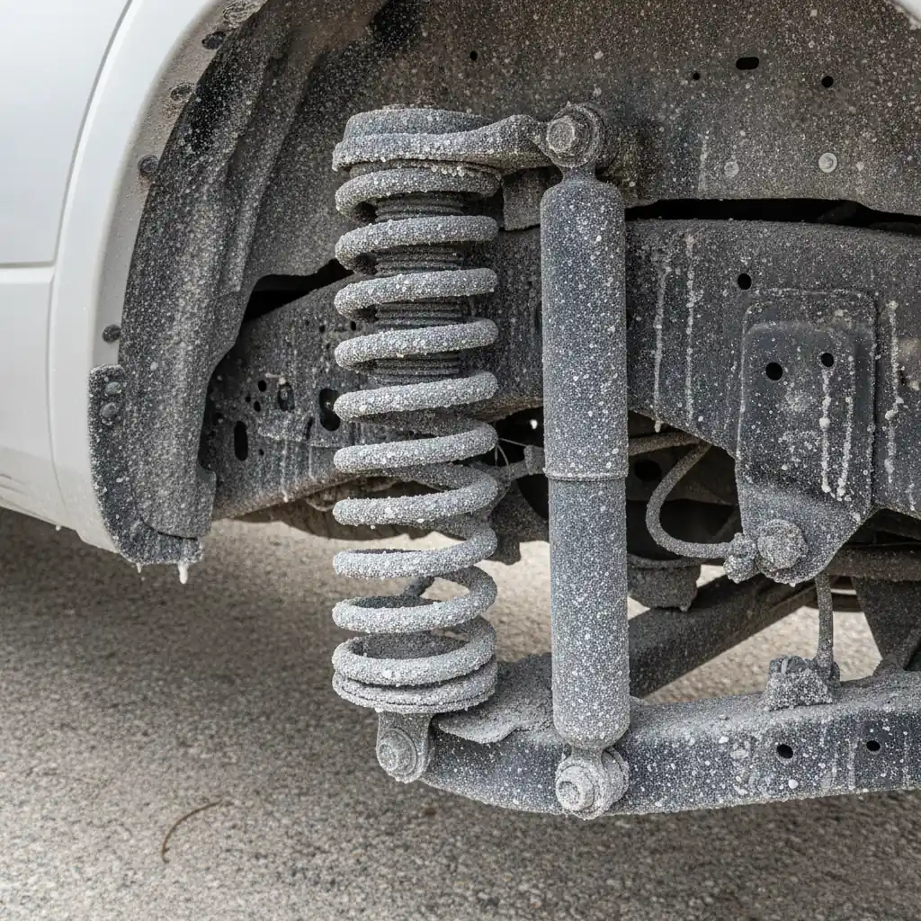 close up of a pickup truck rear suspension and frame rail with dried road salt and gravel dust
