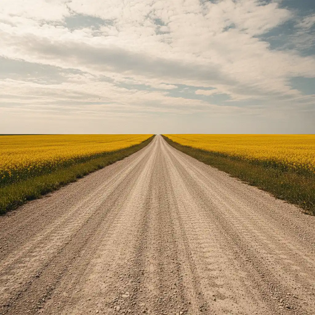 washboard gravel back road running straight between canola fields under a wide prairie sky