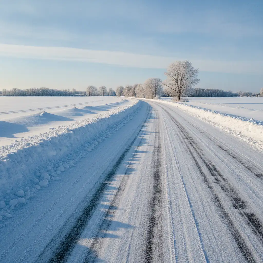 snow packed rural road with drifted shoulders and polished ice tracks on a bright February morning