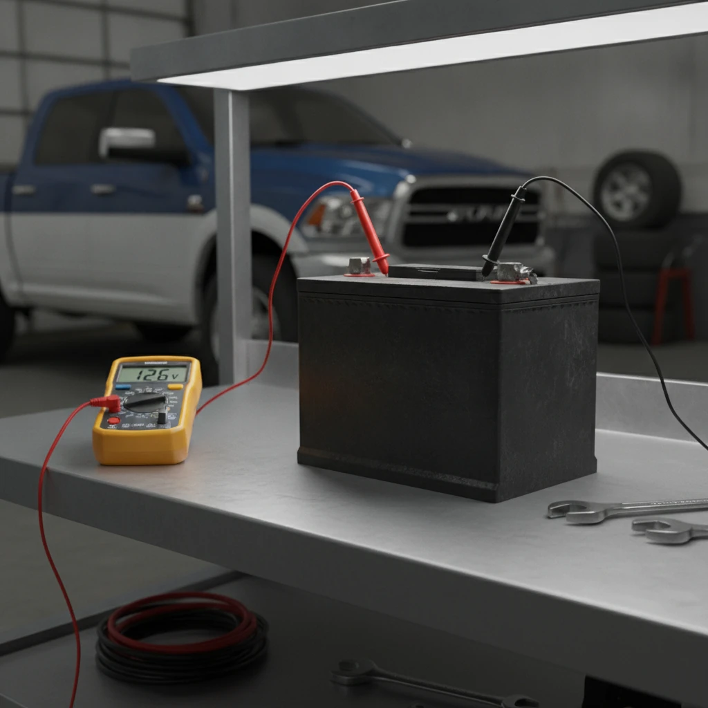 technician testing a twelve volt truck battery with a multimeter on a service bench
