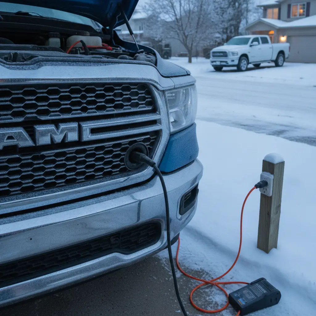 block heater cord plugged in at a snow dusted truck front on a cold Manitoba morning