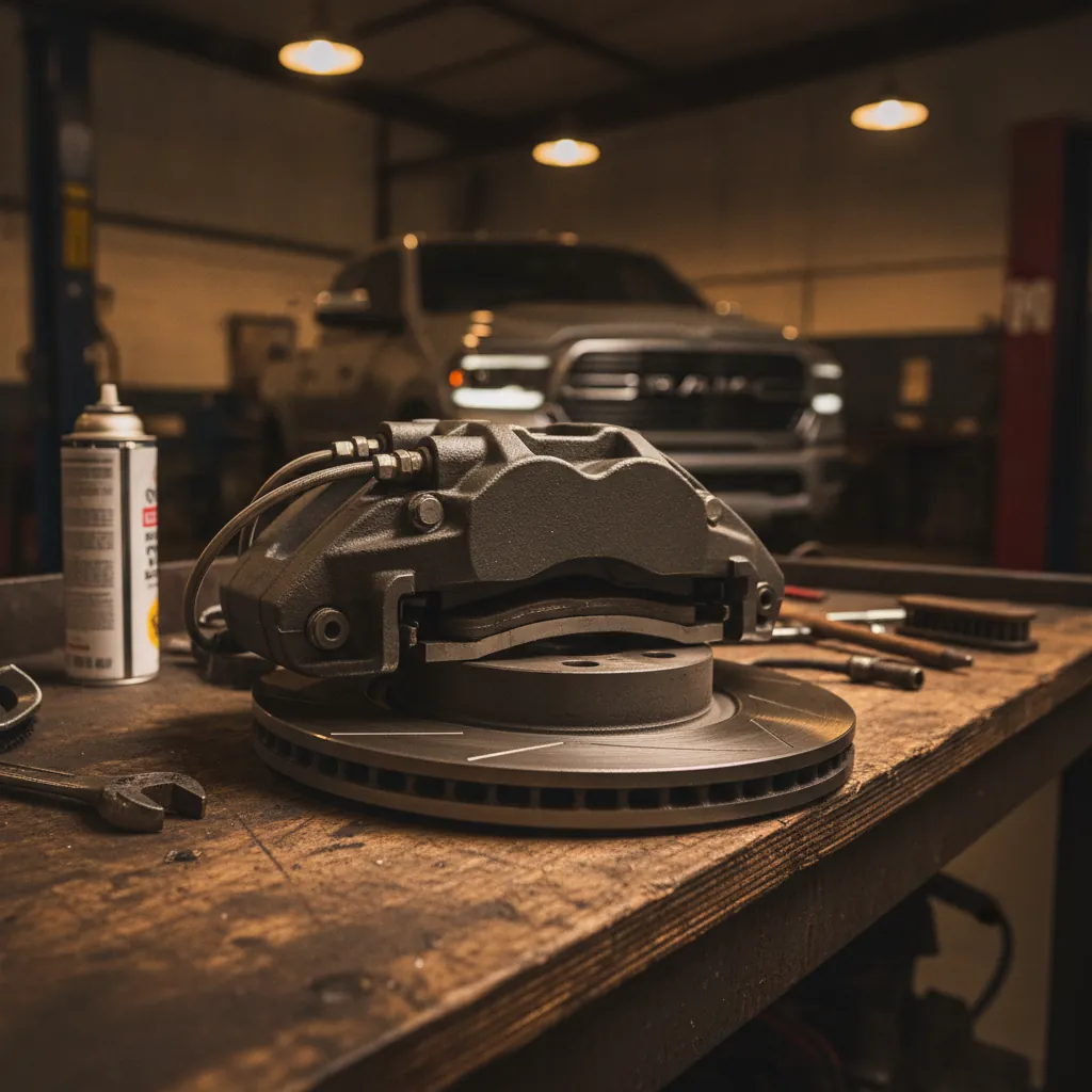 Disc brake rotor and caliper on a workbench during a vehicle safety inspection