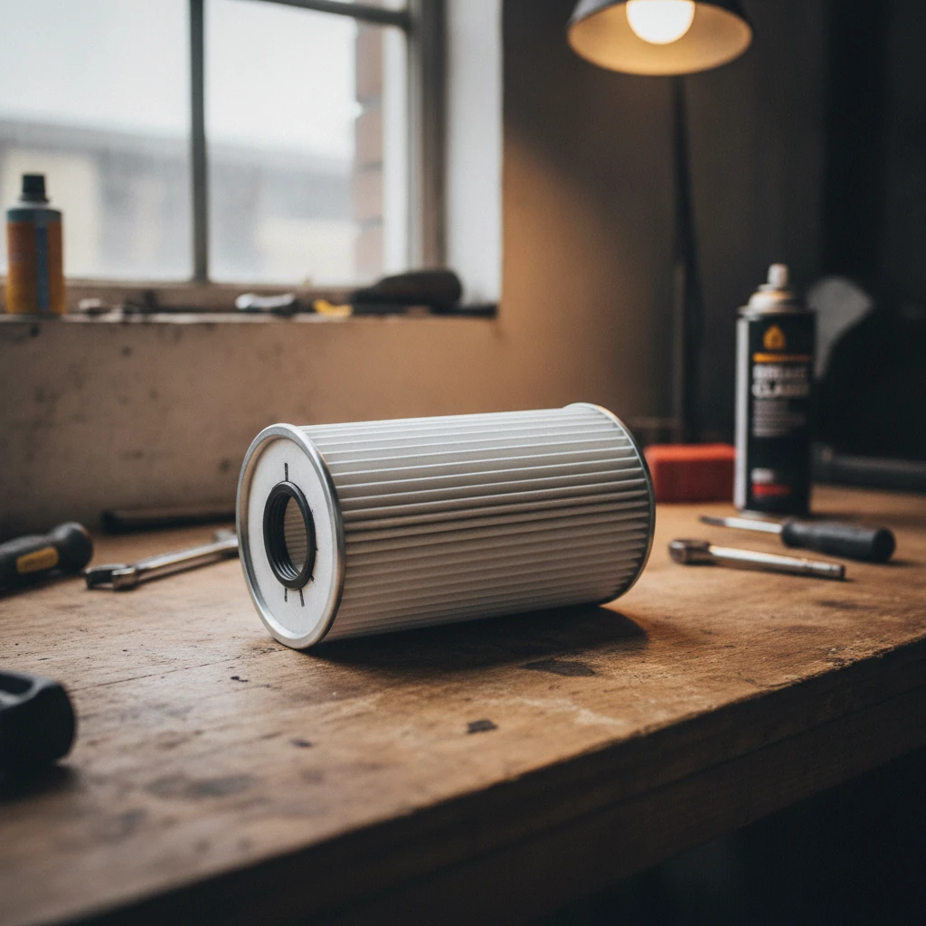 diesel fuel filter cartridge on a workshop bench