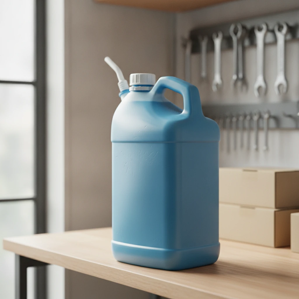 jug of diesel exhaust fluid on a workshop shelf