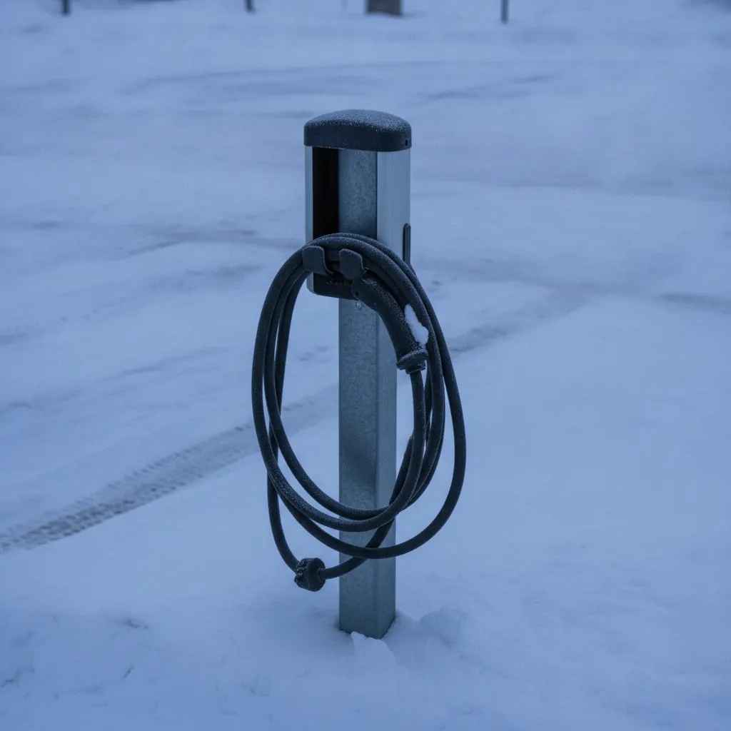 electric vehicle charging station in a snowy parking area at dusk