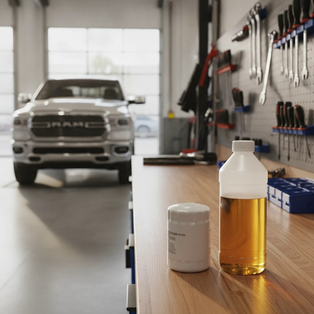 a new oil filter and motor oil on a clean workbench