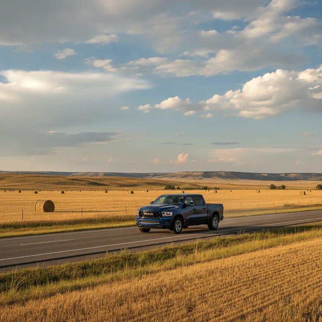 a pickup driving west on an open prairie highway