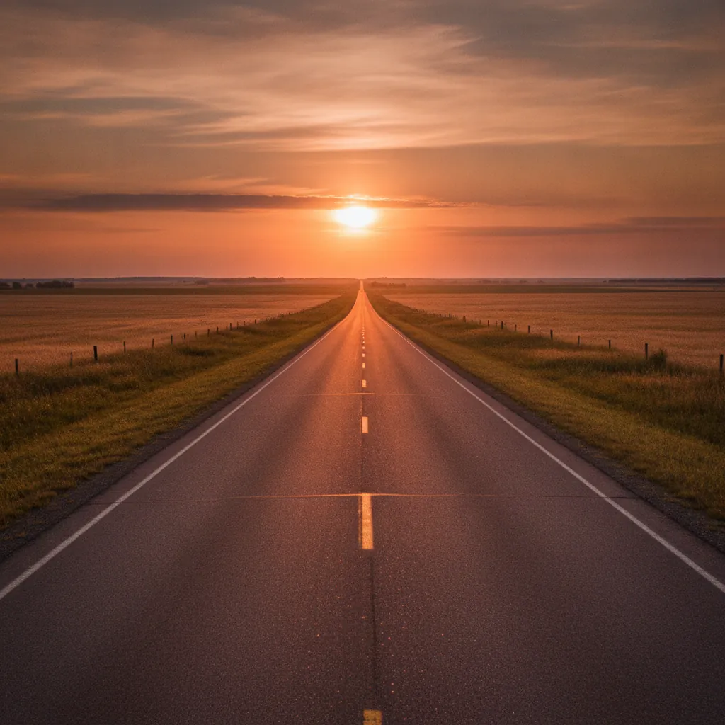 long empty prairie highway stretching to the horizon at dusk