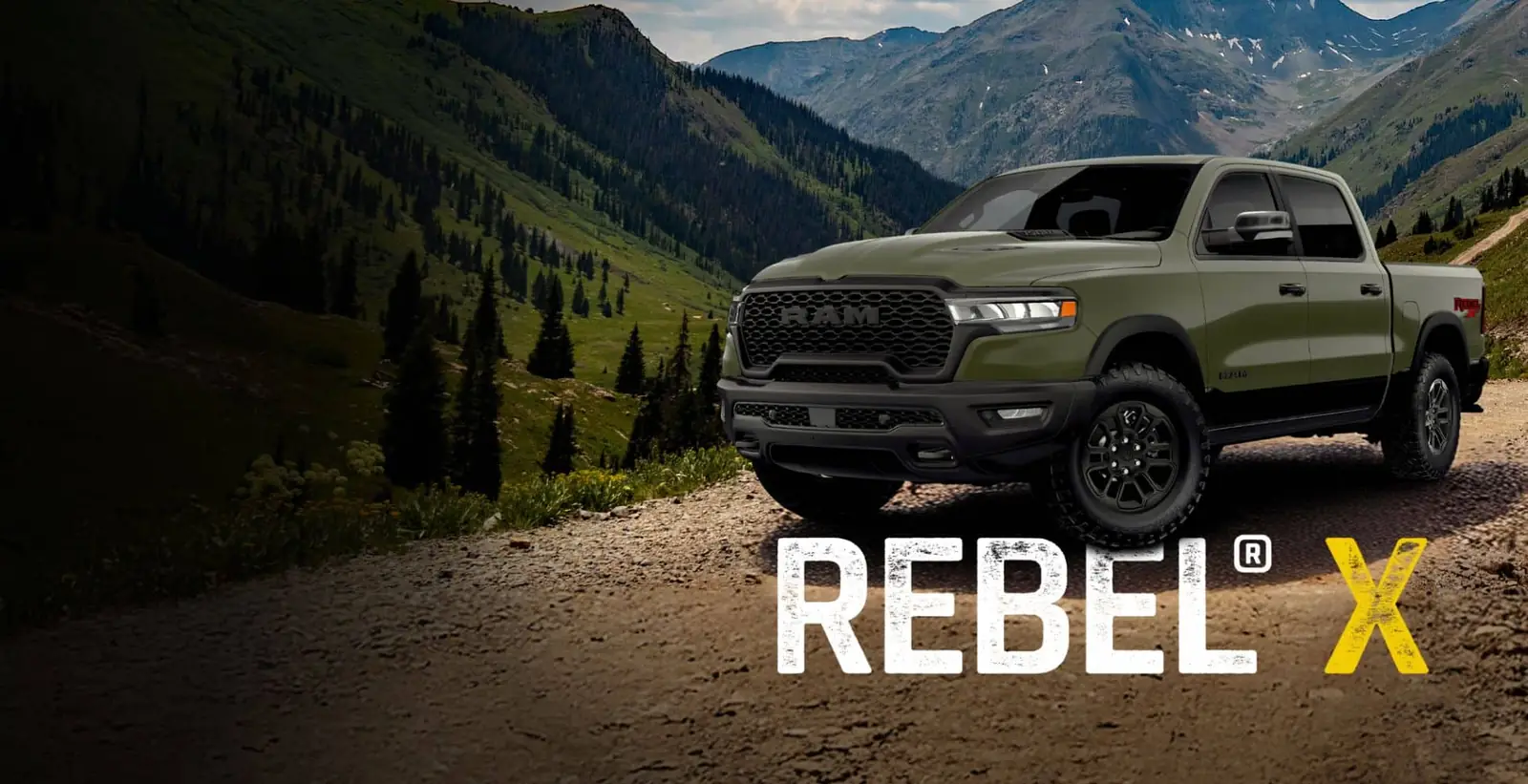 2026 Ram 1500 Rebel in green on a gravel trail off road