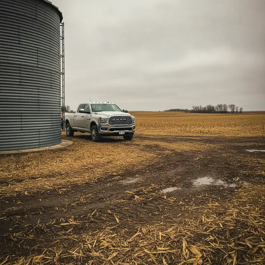 heavy duty pickup parked beside a grain bin on a prairie farm yard in late autumn