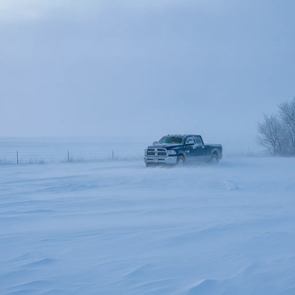 heavy duty pickup parked on a snow covered prairie yard at dawn in deep winter