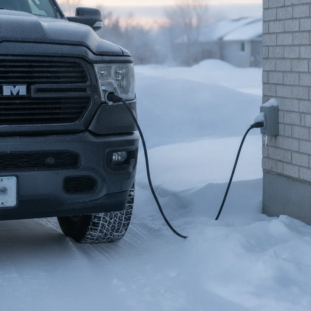 a Ram pickup plugged in on a deep cold Manitoba winter morning