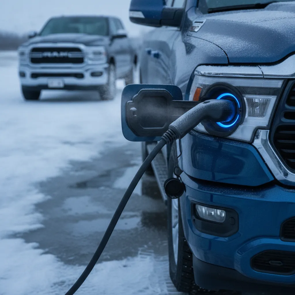 charging cable plugged into an electric Ram pickup on a frosty winter morning