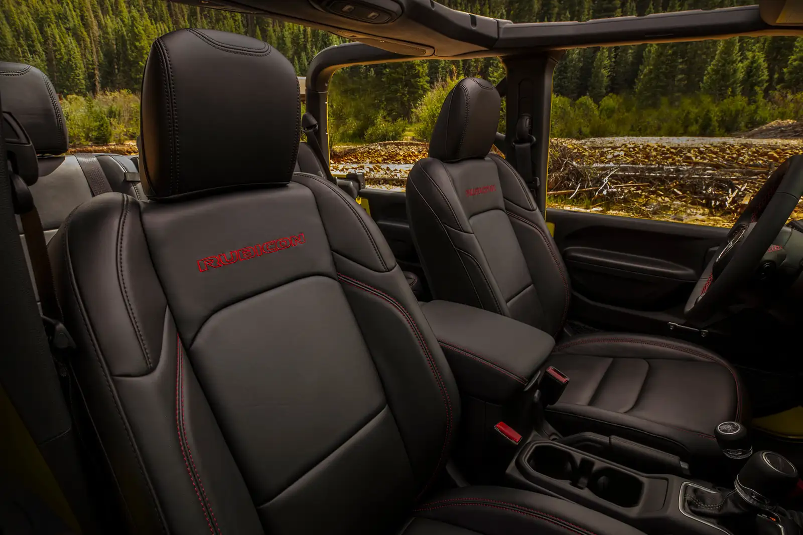 2026 Jeep Gladiator Rockslide interior with Jean Blue cloth seats and silver stitching