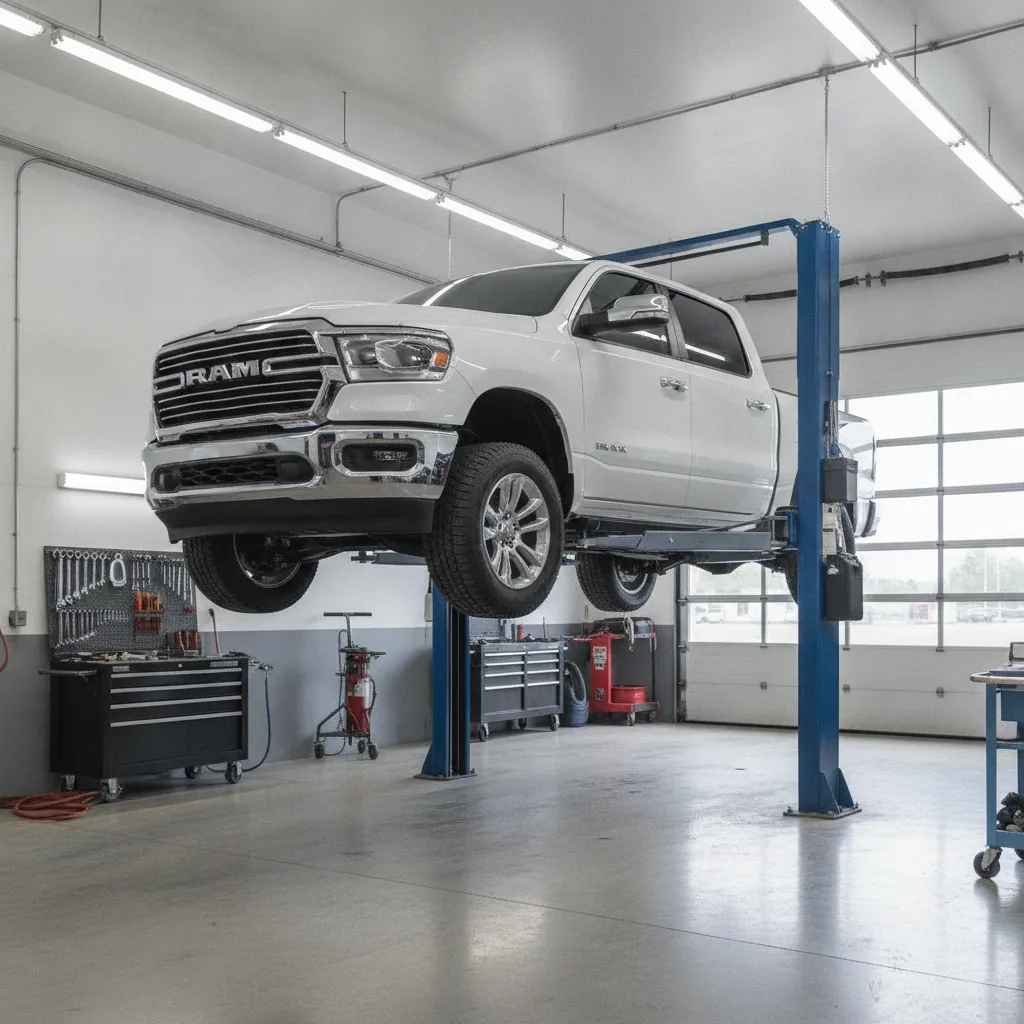 a pickup raised on a hoist in a clean service bay
