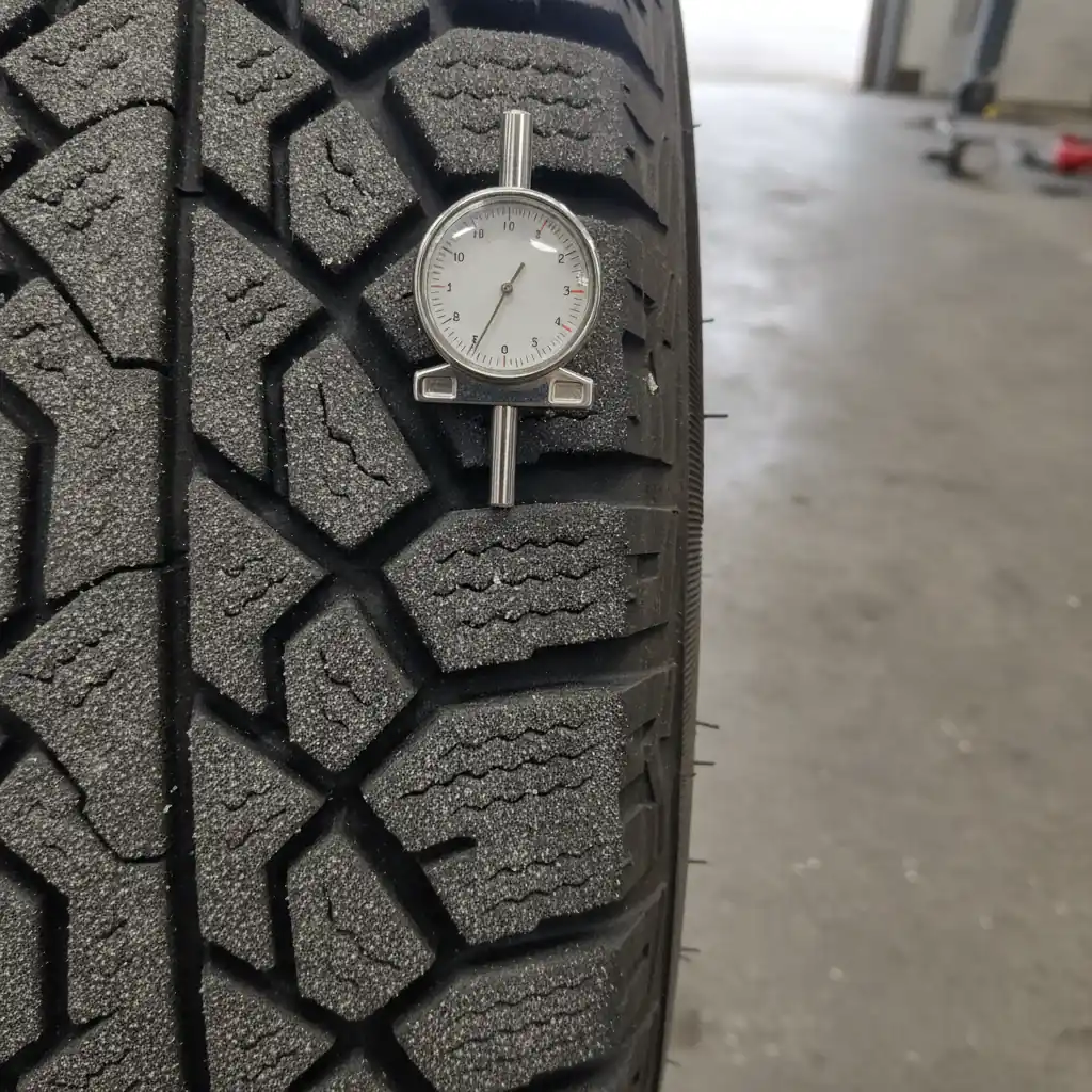 Tread depth gauge measuring a truck tire groove during a safety inspection
