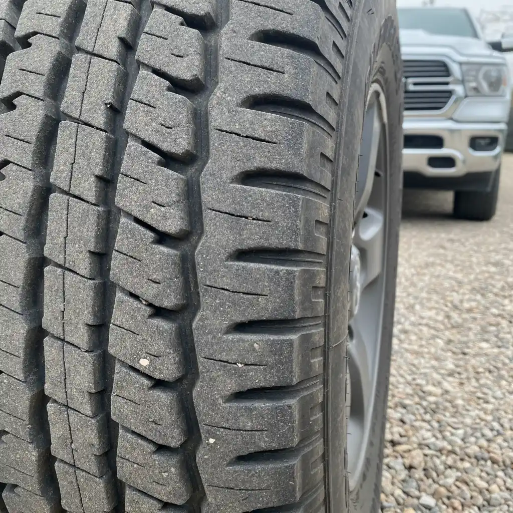 worn truck tire with tread wear indicator bars nearly flush with the tread
