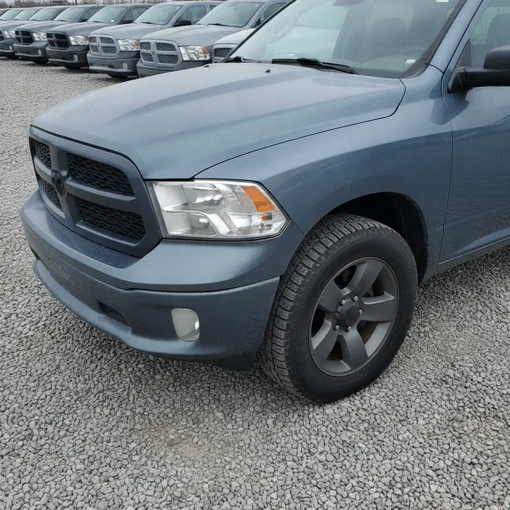 looking over the tires, brakes and lower body of a used Ram pickup on the lot