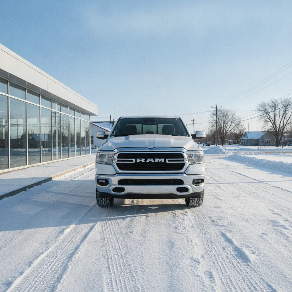 a pickup on a snowy service drive on a winter morning