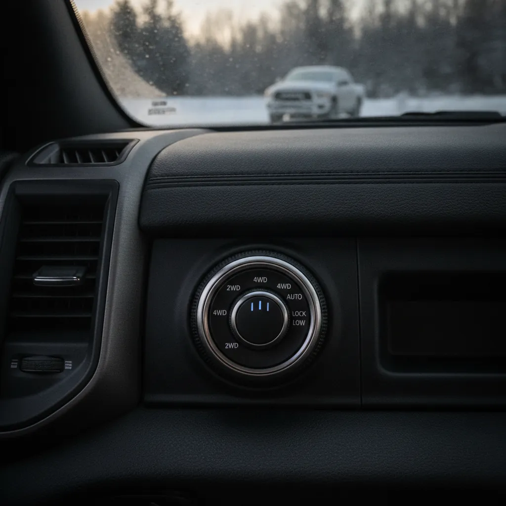 rotary four wheel drive selector dial on a pickup truck dash showing 2WD, 4 high and 4 low positions